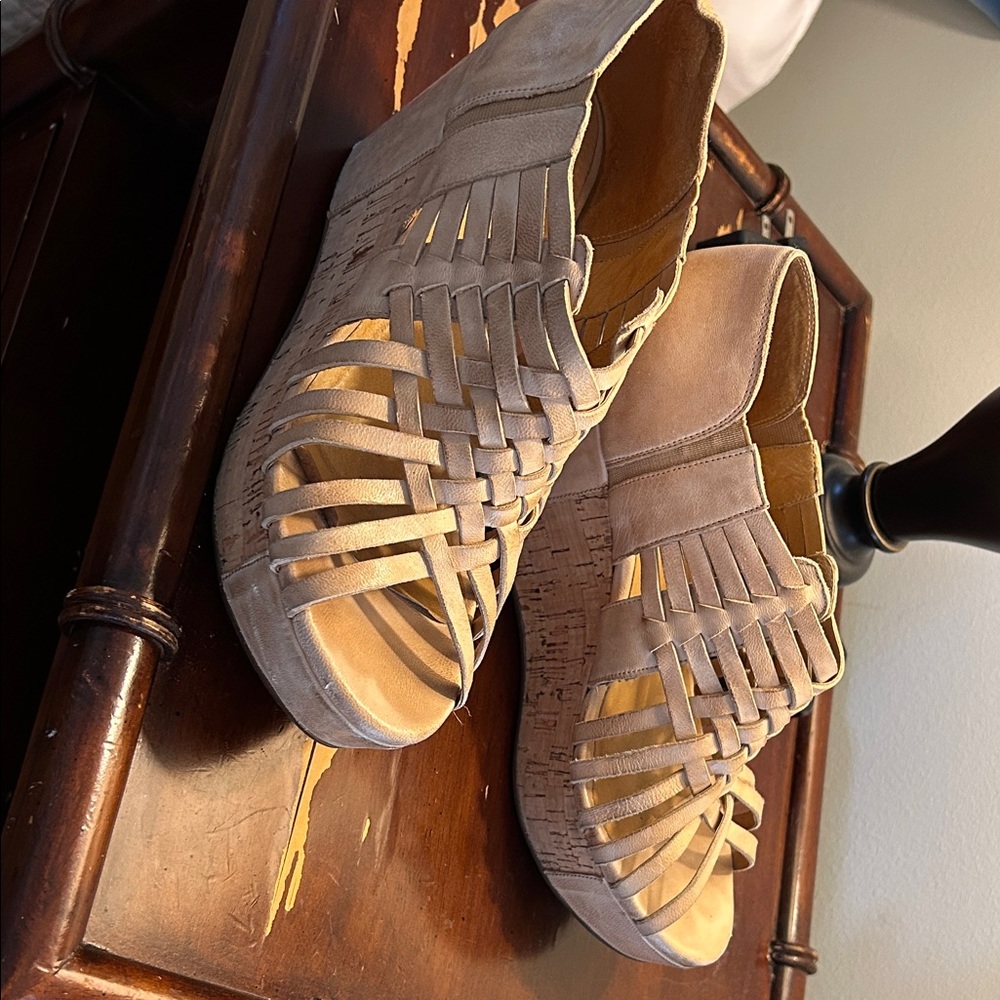 Chocolat Blu beige woven wedges 8.5